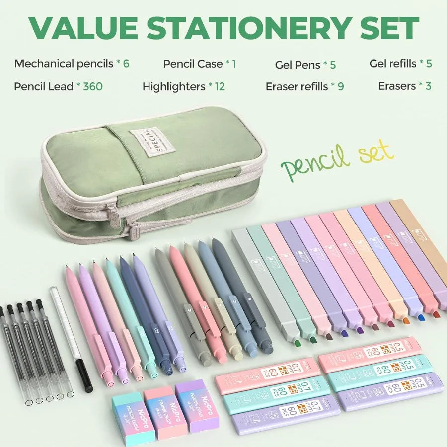 39-Piece Aesthetic School Supplies Set – Big Capacity Pen Case with Pastel Highlighters & Black Ink Pens ✨📚