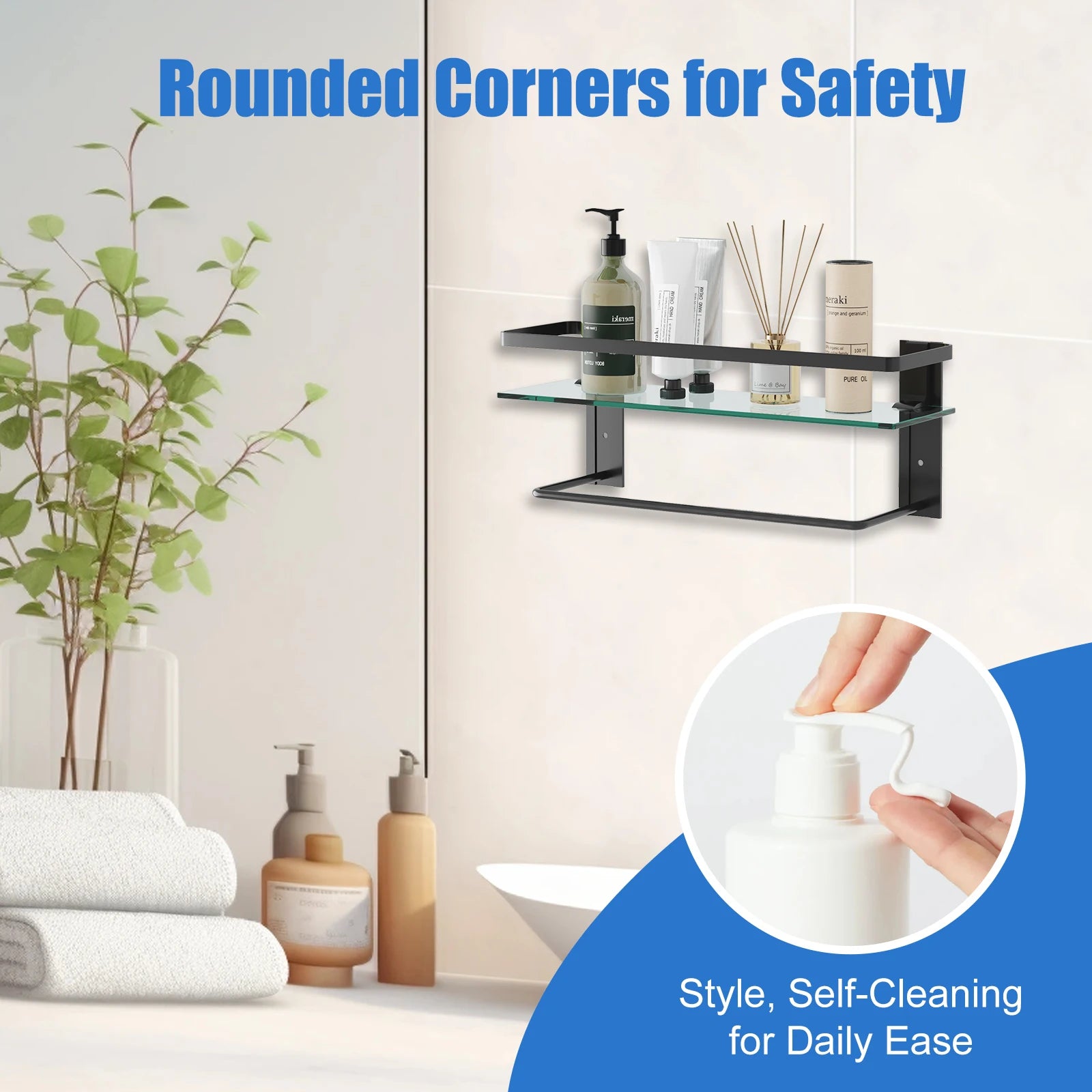 Glass Bathroom Shelf with Towel Bar – 15.7" Rustproof Metal 2-Tier Wall Organizer