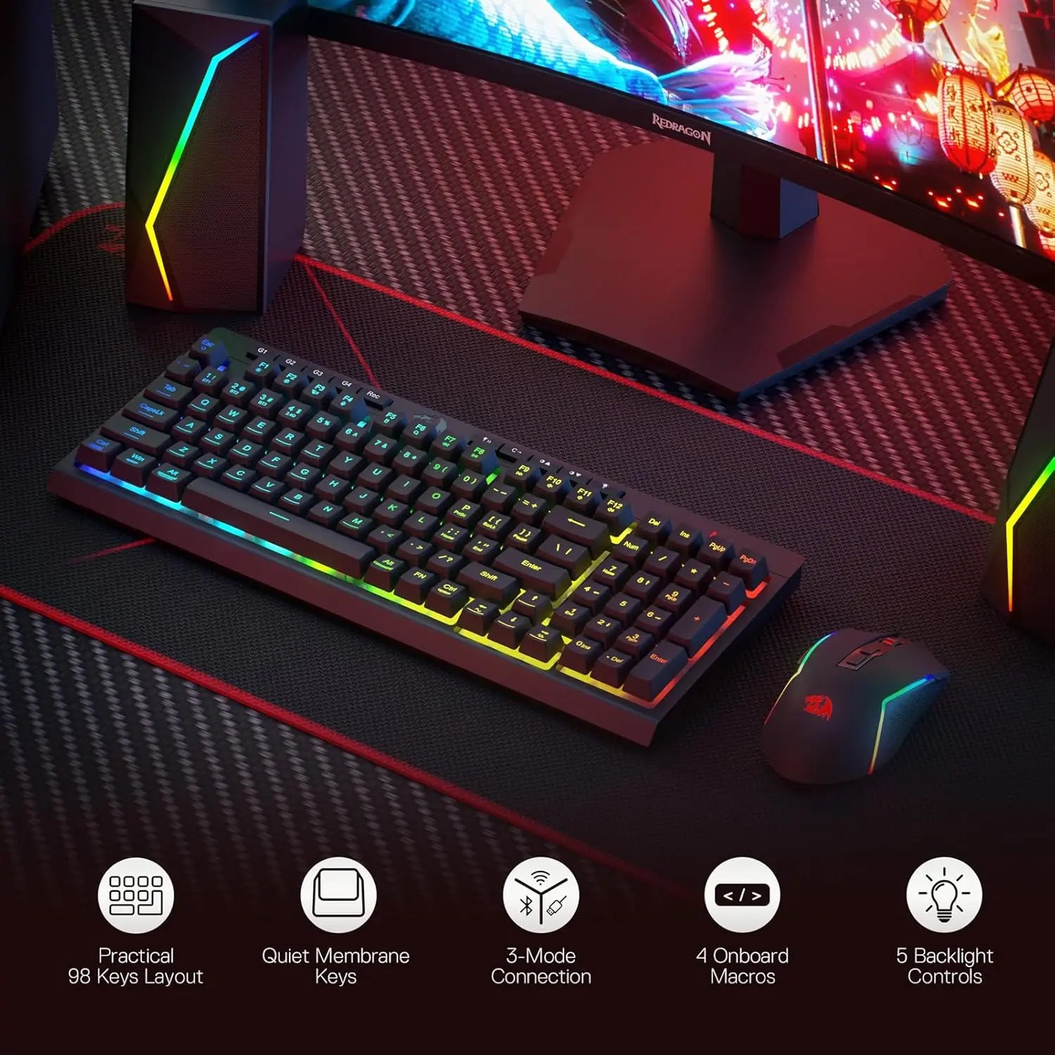 Redragon S142 Wireless Gaming Keyboard & Mouse Combo – 98-Key K515 PRO RGB Membrane Keyboard with Wireless Gaming Mouse