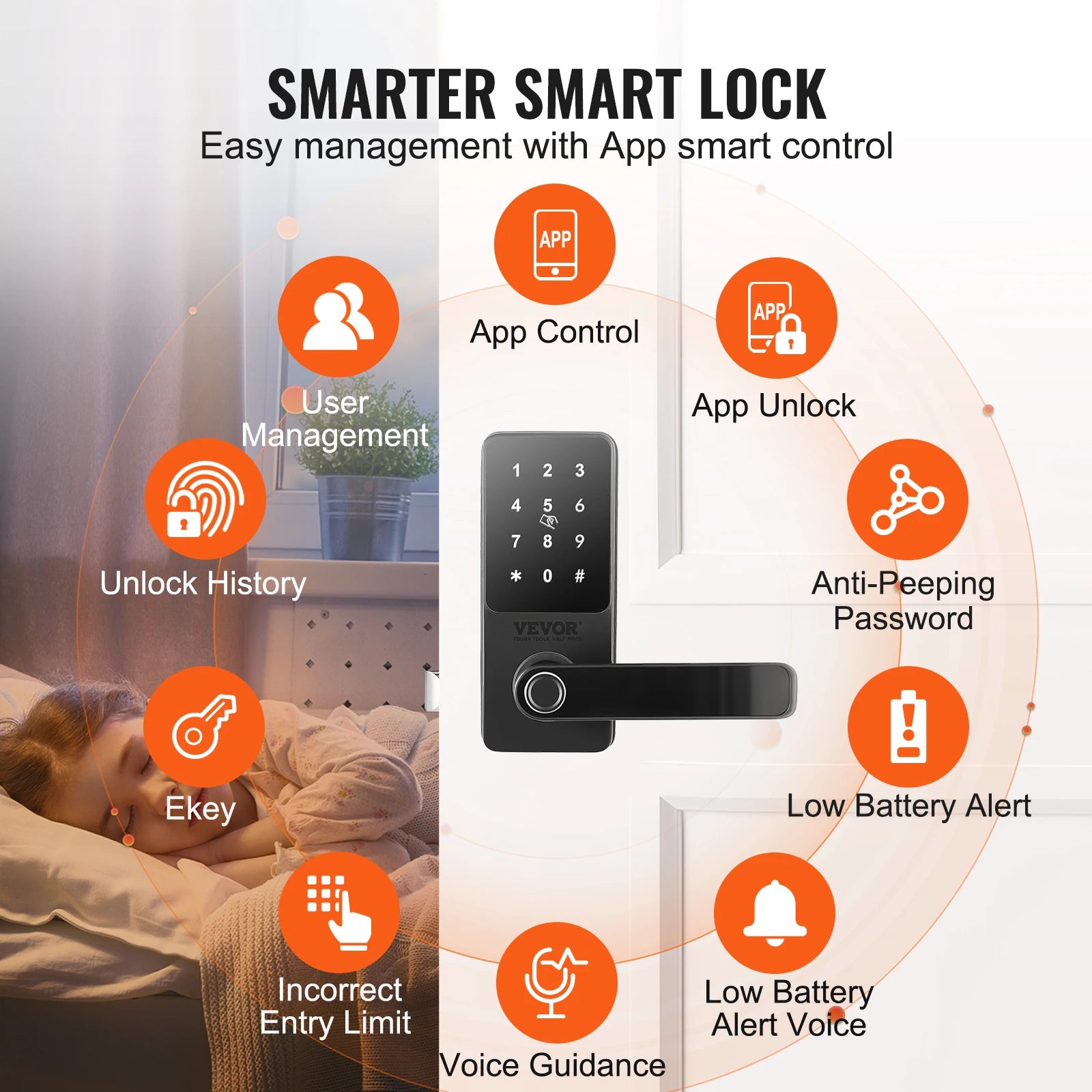 VEVOR Smart Lock 5-in-1 Smart Door Knob – Fingerprint, Keypad & App-Controlled Deadbolt with Independent Handle