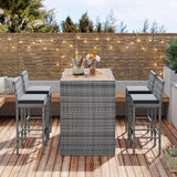 “5-Piece Rattan Patio Bar Set – Outdoor Wicker Furniture with Wood Tabletop & 4 High Stools for Garden, Poolside & Balcony Dining”