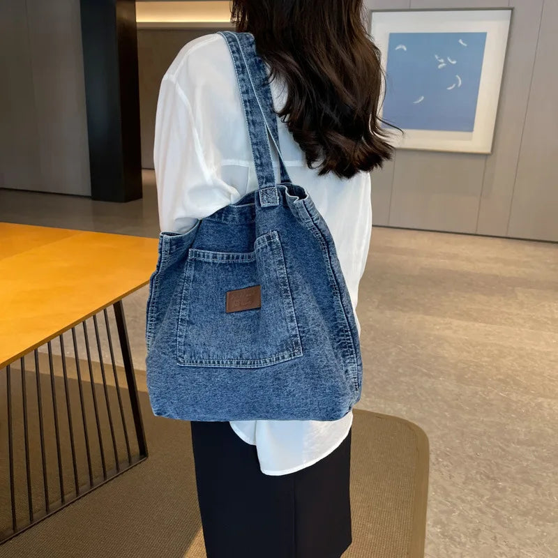 Women’s Large Capacity Denim Tote Bag – Solid Colour Casual Shopping Handbag