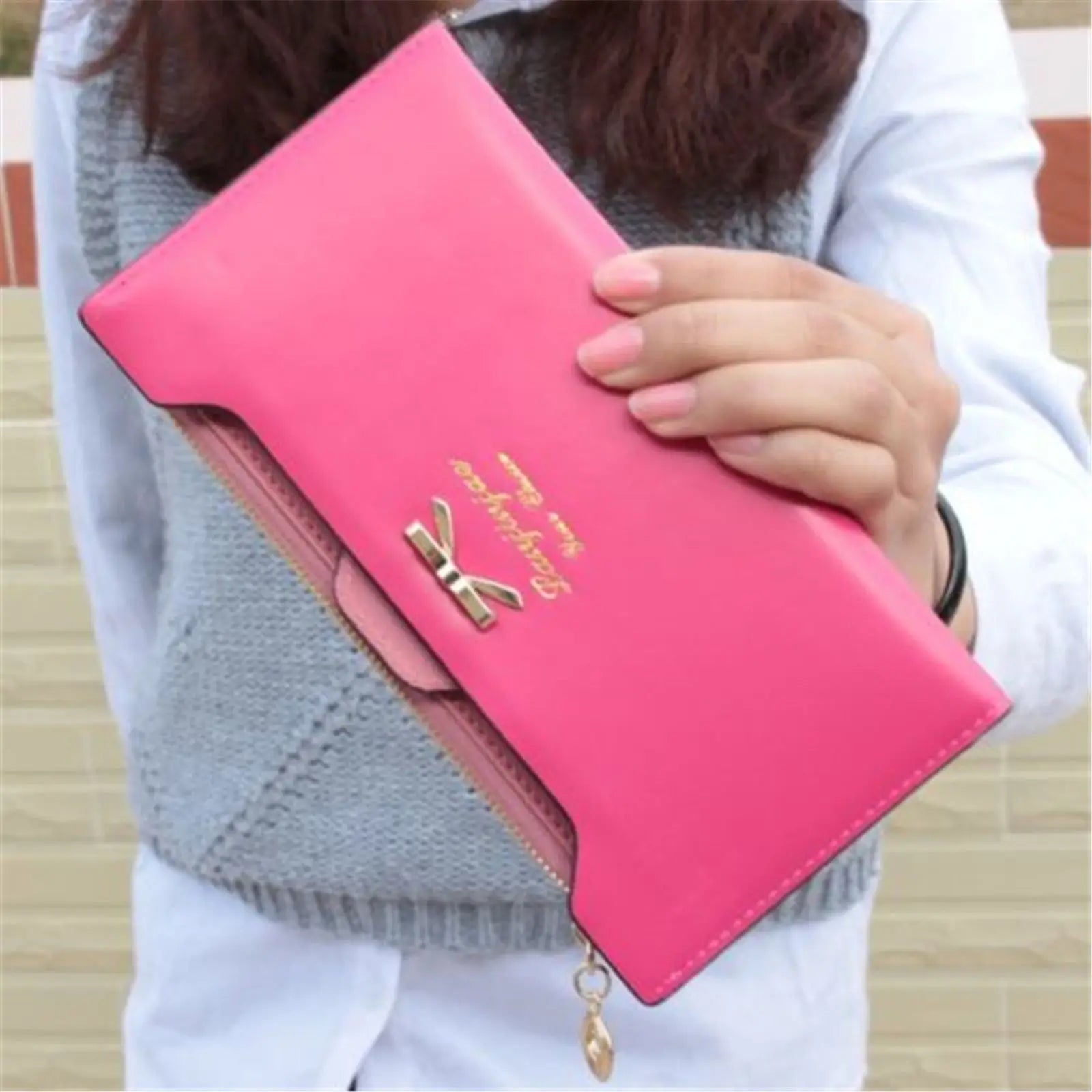 Women’s PU Leather Long Wallet – Cute Bowknot Clutch with Zipper, Multi-Card Slots, Coin Purse & Phone Holder