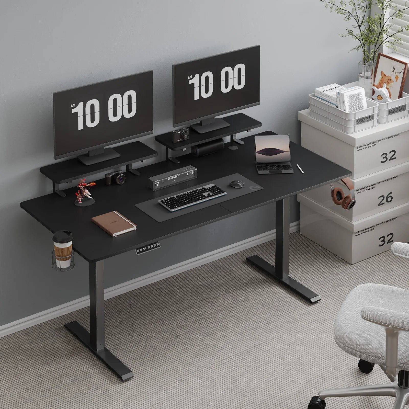 Electric Standing Desk with Dual Adjustable Monitor Shelves – Sit-Stand Desk with Memory Controller & Adjustable Height