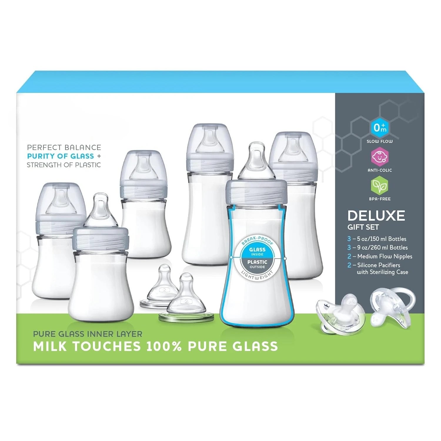 Hybrid Baby Bottle Gift Set – Dual-Layer Design (Glass Inside, Plastic Outside) in Clear Grey