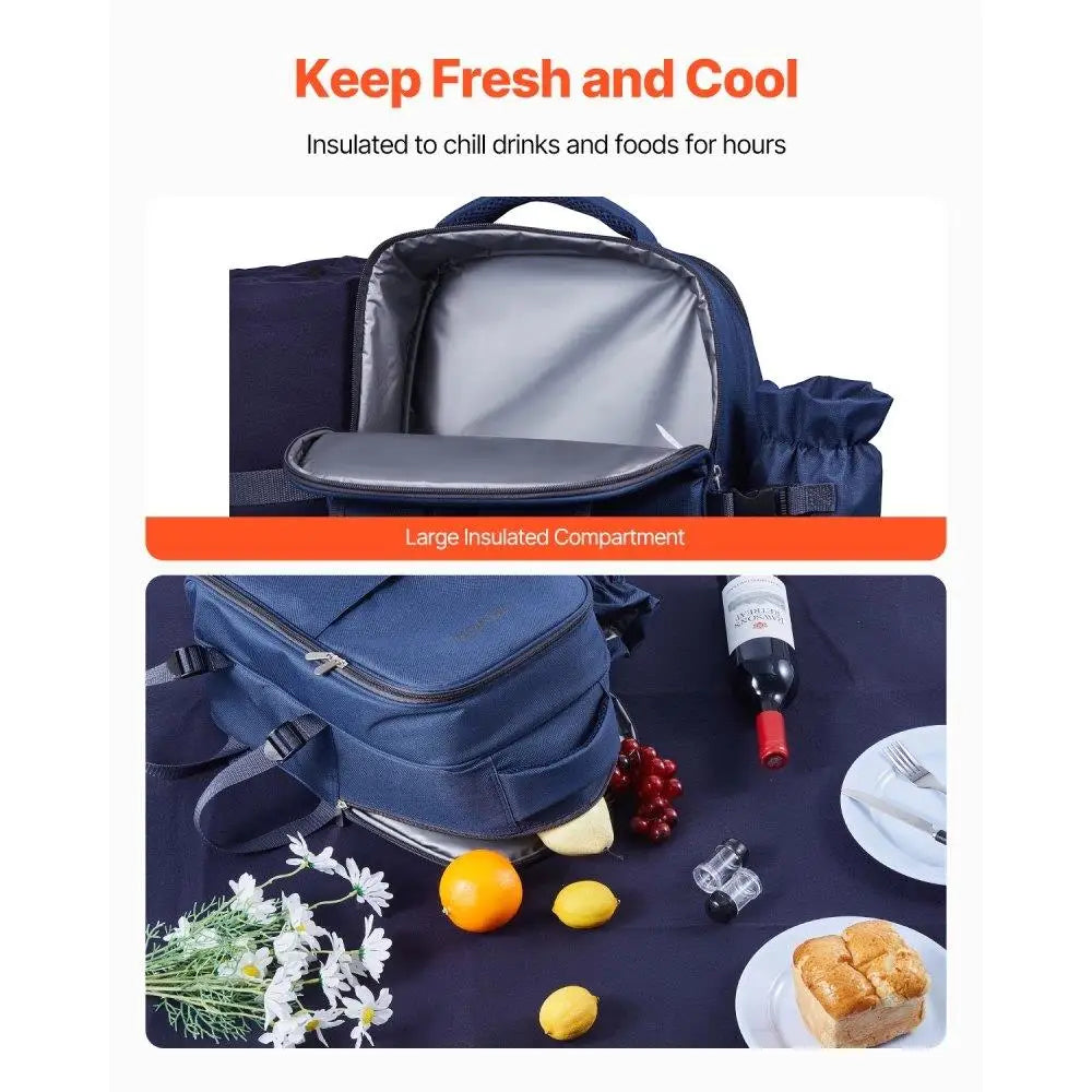 Navy Blue Picnic Backpack for Two – Insulated Cooler Compartment | Outdoor Beach & Camping Daypack