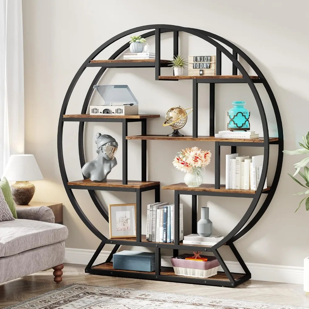 Round Industrial Etagere Bookcase – 63″ Tall with 14 Staggered Display Shelves & Metal Frame