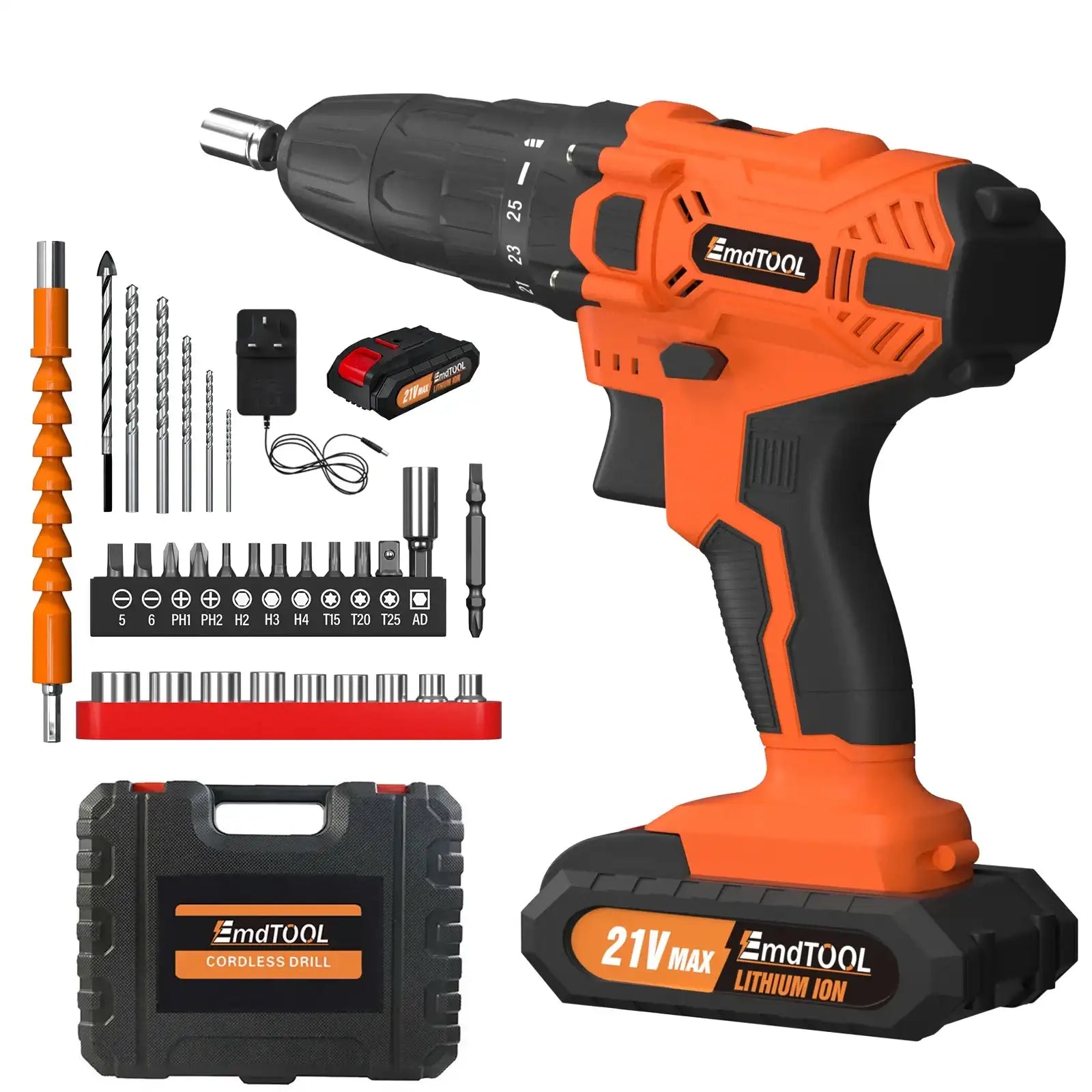 45 Nm Cordless Drill Kit with 2 Batteries – 25+1 Torque Electric Drill / Screwdriver / Impact Driver (29-Piece Set)