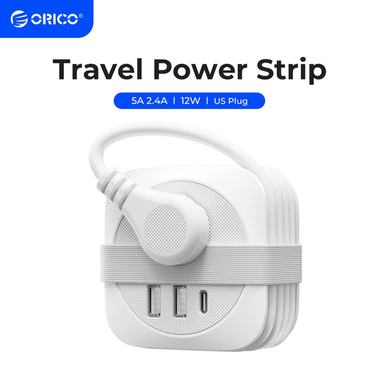 Orico Travel Power Strip – US Plug Extension Socket with 2 USB Ports & Type-C Fast Charge, Compact Multi-Outlet Adapter for Office & Travel