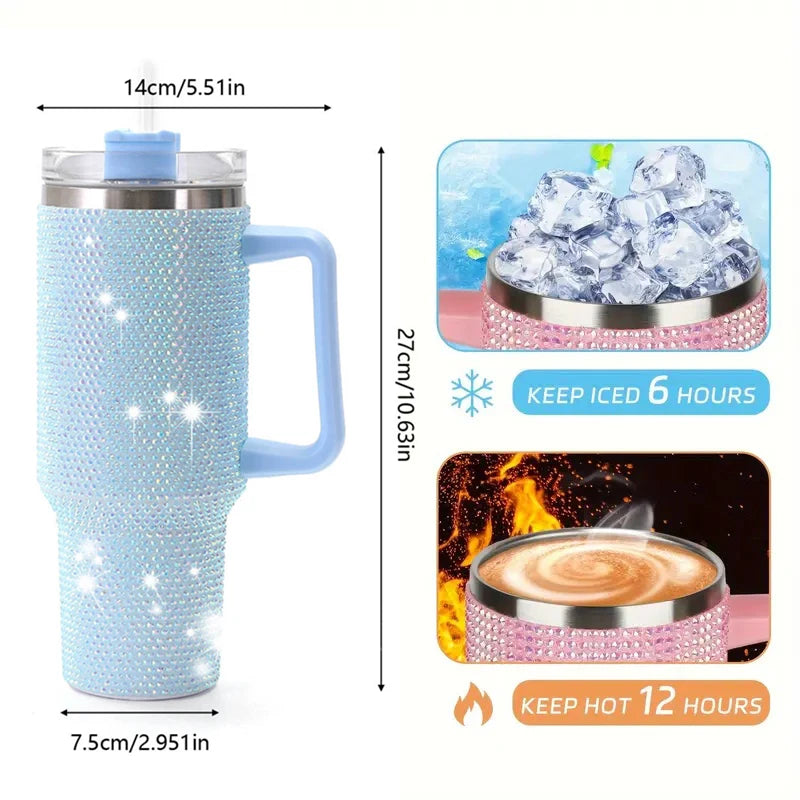 Sparkling Studded Tumbler 40oz with Lid & Handle – Stainless Steel Insulated Car Cup