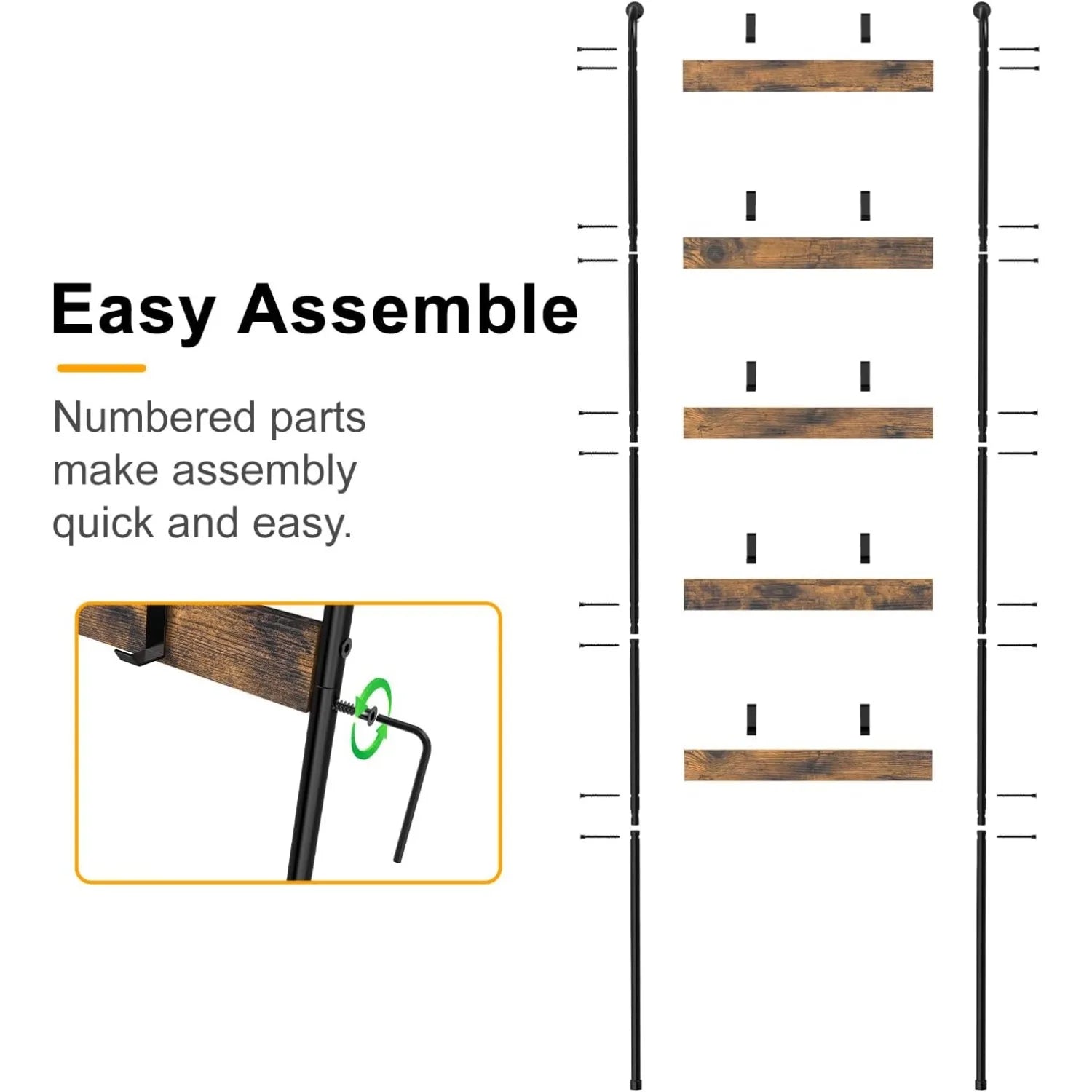 Blanket Ladder 5-Tier Towel Rack with 10 Hooks – Rustic Brown Wall-Leaning Storage Ladder