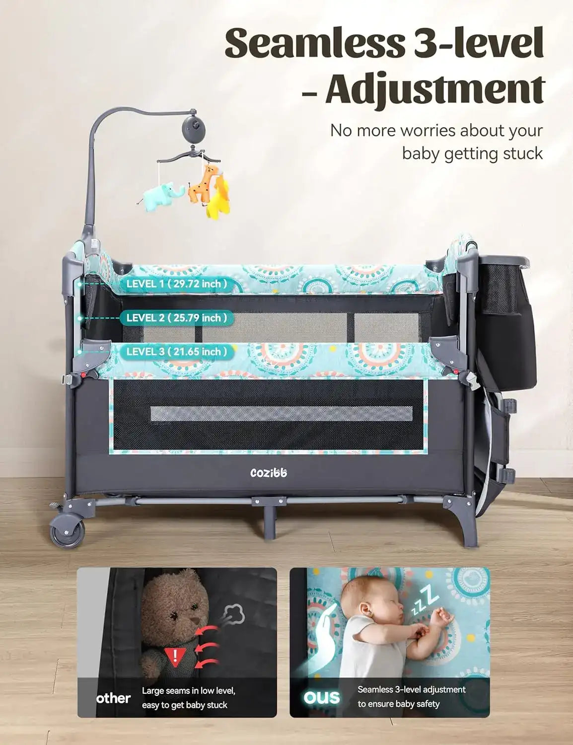 5-in-1 Bedside Bassinet & Convertible Baby Crib with Detachable Changing Table, Mattress, Storage Basket & Music – Adjustable Height