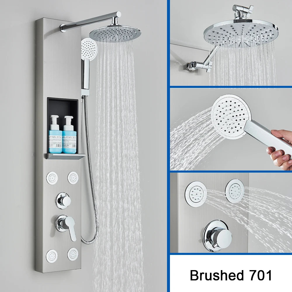 Brushed Nickel Shower Panel Column with Rainwaterfall Head & Massage Jets – Thermostatic Mixer Tap