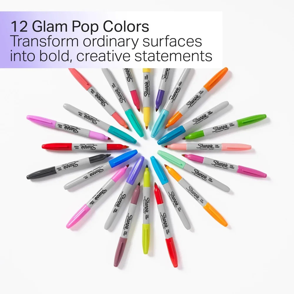 Glam Pop Permanent Markers 12-Pack – Fine Point Waterproof & Quick-Dry for Art, School & Office