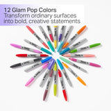 Glam Pop Permanent Markers 12-Pack – Fine Point Waterproof & Quick-Dry for Art, School & Office