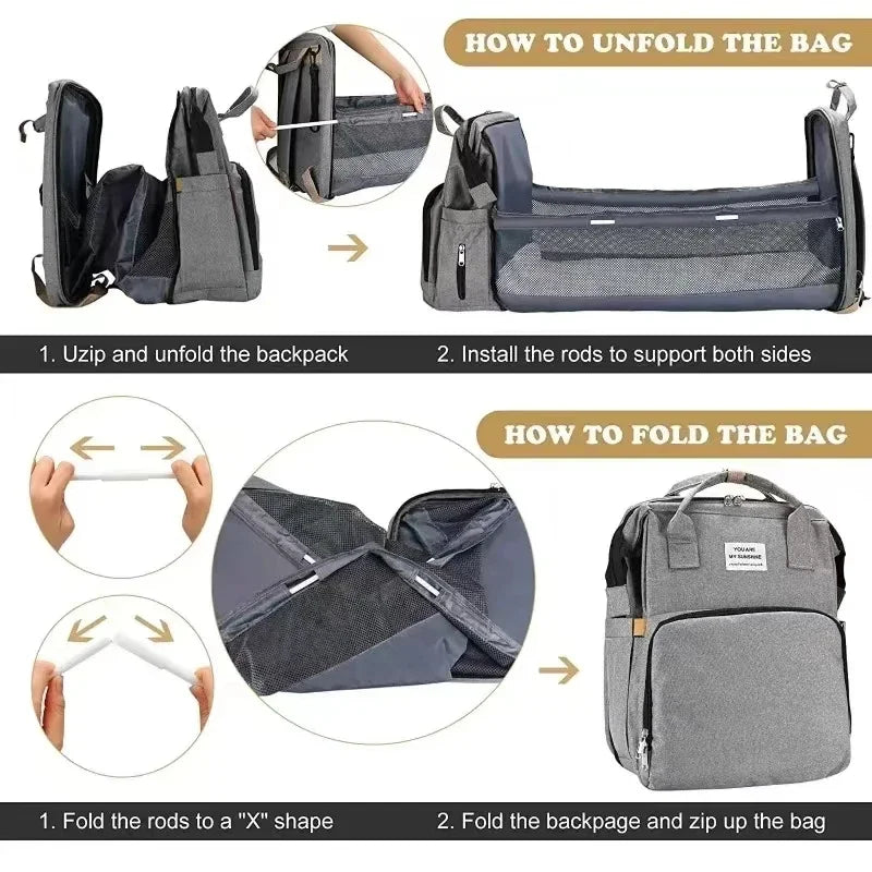 Foldable Bed Diaper Bag with Changing Station, Insulated Pocket & Large-Capacity Double-Shoulder Mommy Bag