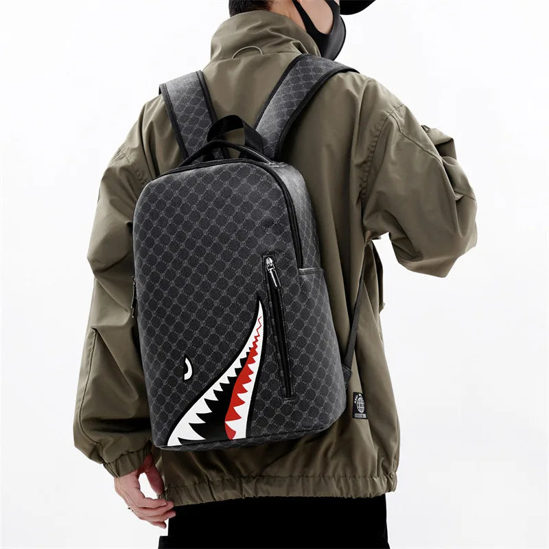 Plaid Shark Mouth Graphic Backpack for Men – Laptop School & College Travel Bag with Bold Street Style