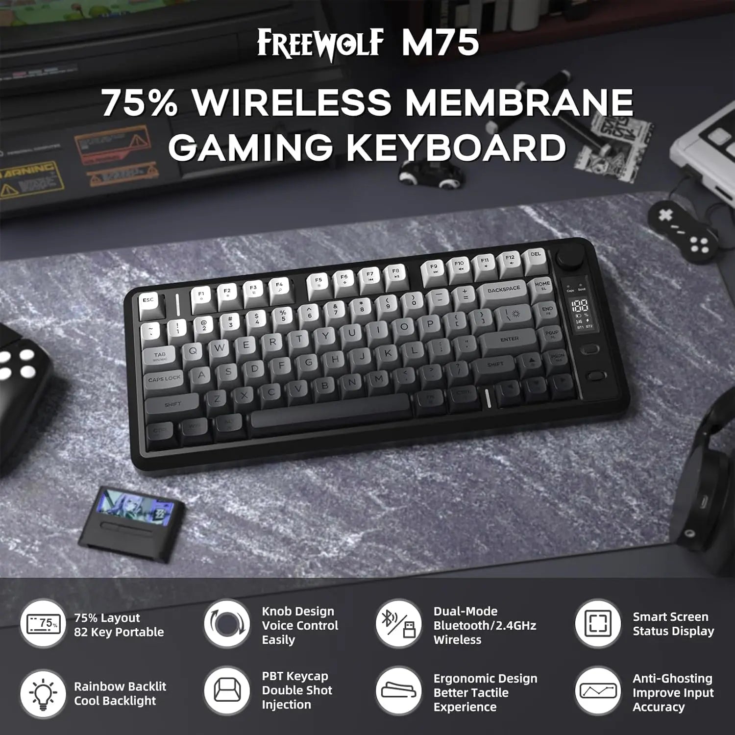 Attack Shark M75 Wireless Gaming Keyboard – Membrane with Knob, OLED Display & Gradient PBT Keycaps