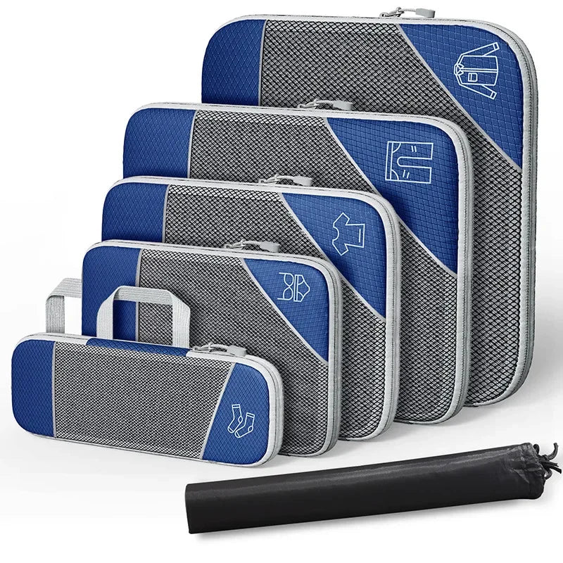 3-6 pcs Compressed Packing Cubes Travel Storage Organizer Set with Shoe Bag & Mesh Visual Luggage Set