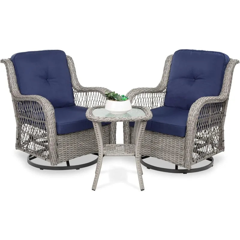 3-Piece Outdoor Wicker Patio Bistro Set – 360° Swivel Rocking Chairs with Cushions & Tempered Glass Table | Weather-Resistant Furniture Set