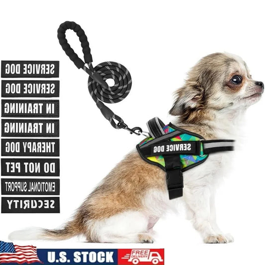 Service Dog Harness & Leash Set – Reflective No-Pull Training Vest with 10 Removable Patches, Multi-Color Options (S–XL Dogs)