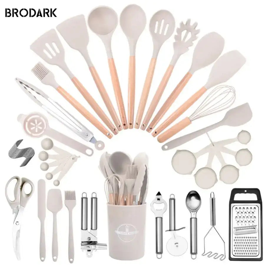 44pcs Silicone Kitchen Utensil Set with Wooden Handles – Heat Resistant