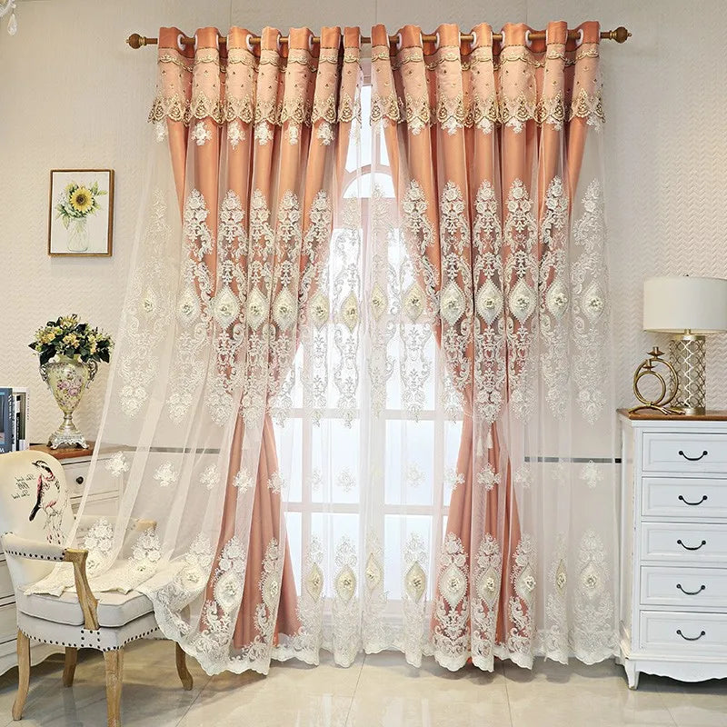 Vintage-Style Embroidered Dual-Layer Curtains – 3D Relief Pattern Window Drapes (Single Panel)