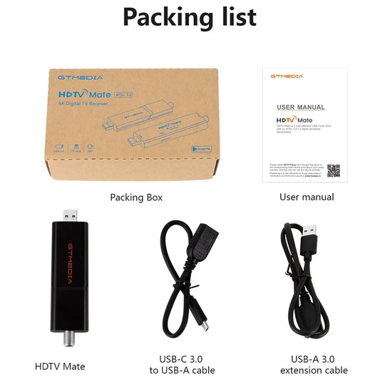 GTMEDIA HDTV Mate USB Tuner TV Stick – ATSC 3.0/1.0 Digital Signal Receiver with QAM-B, Works with HDTVPlayer App (Android 9.0+)