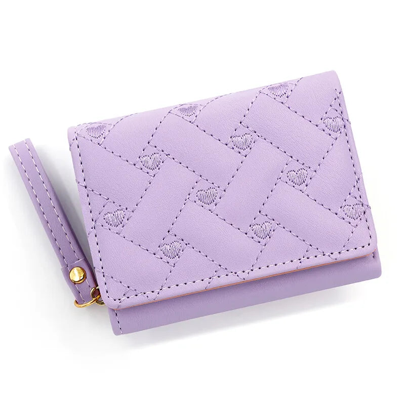 Women’s Heart Embroidered Short Wallet – Triple Fold PU Leather Purse with Multi-Card Slots & Large Capacity