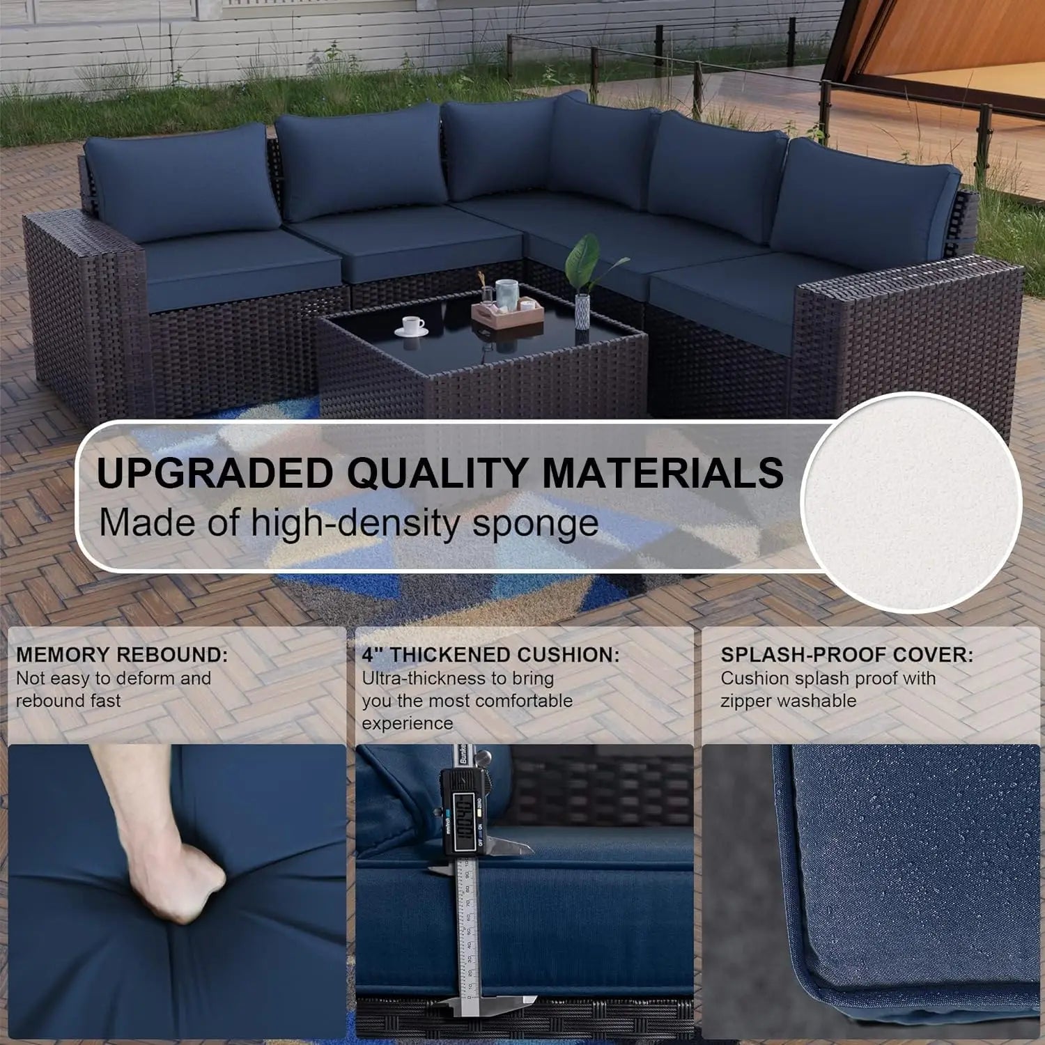6-Piece Outdoor Patio Furniture Set – PE Wicker Rattan Sectional Sofa with Navy Blue Cushions | Modern Patio Conversation Set