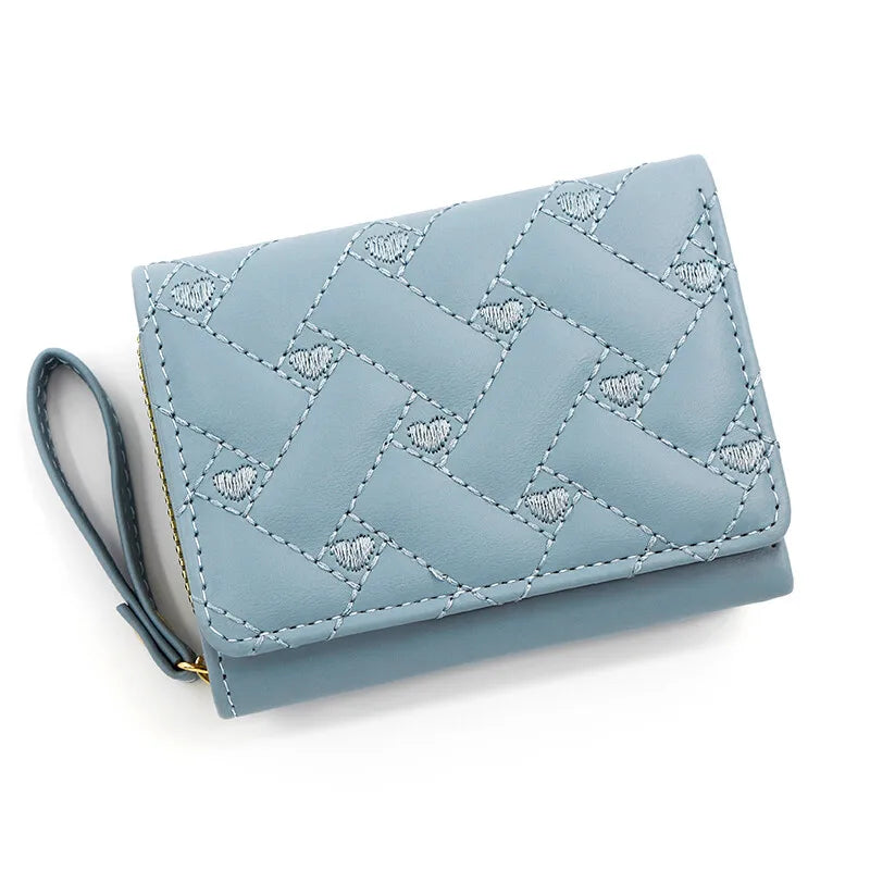 Women’s Heart Embroidered Short Wallet – Triple Fold PU Leather Purse with Multi-Card Slots & Large Capacity