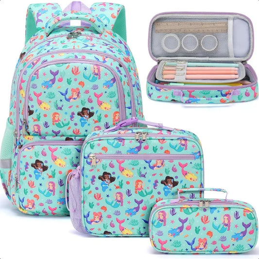 3-Piece School Backpack Set for Girls – Waterproof Cute Bookbag with Lunch Box & Pencil Case | Preschool & Kindergarten Bag