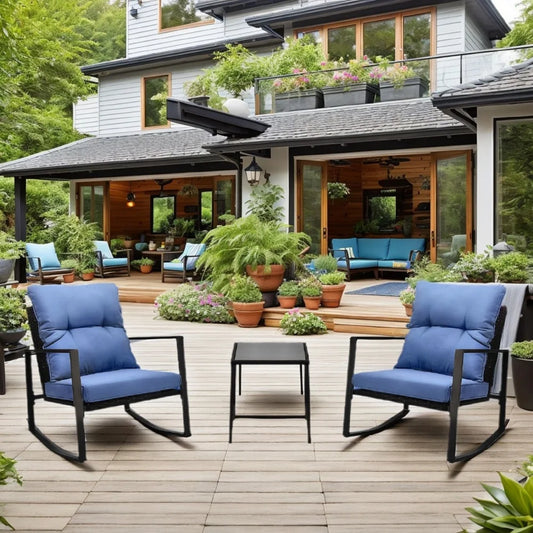 “3-Piece Patio Bistro Set – Outdoor Rocking Chairs with Blue Cushions & Glass-Top Table for Garden, Yard & Poolside”