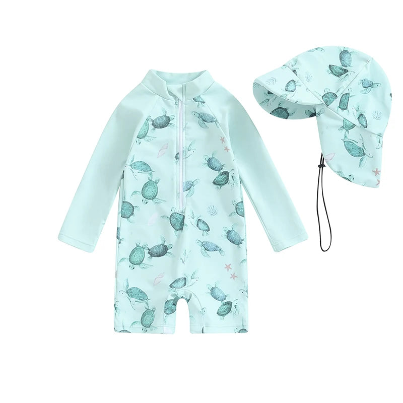 Lioraitiin Baby Boy Swimwear Set – Whale Print Long Sleeve Rash Guard Swimsuit with Matching Sun Hat, Toddler Bathing Outfit