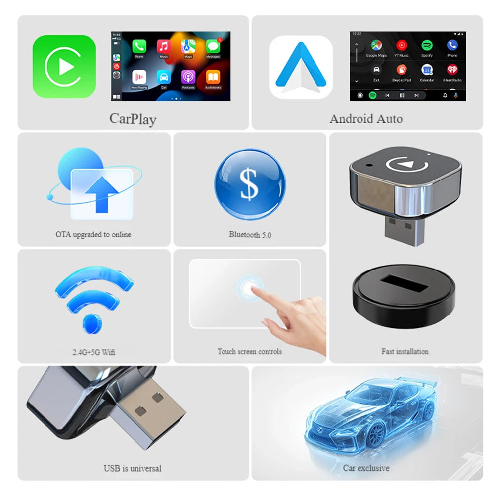 2-in-1 Wireless CarPlay & Android Auto Adapter – Plug & Play Dongle to Convert Factory Wired CarPlay to Wireless
