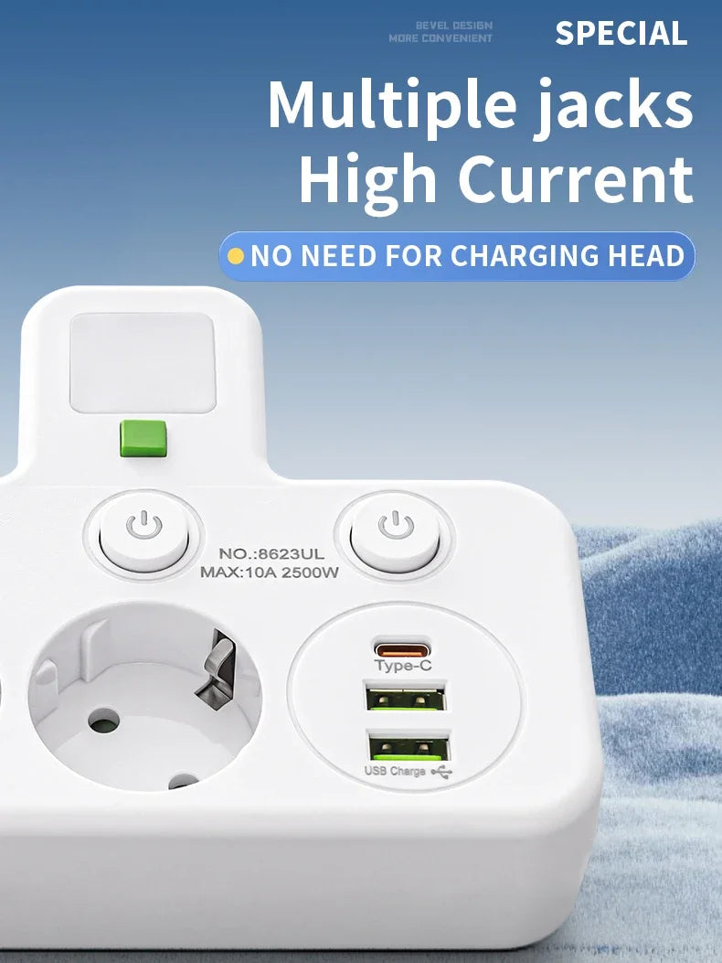EU Plug 4-Socket Wall Power Multi-Plug – Compact Wall Adapter with USB Ports & Type-C Fast Charging, No Extension Cable Needed