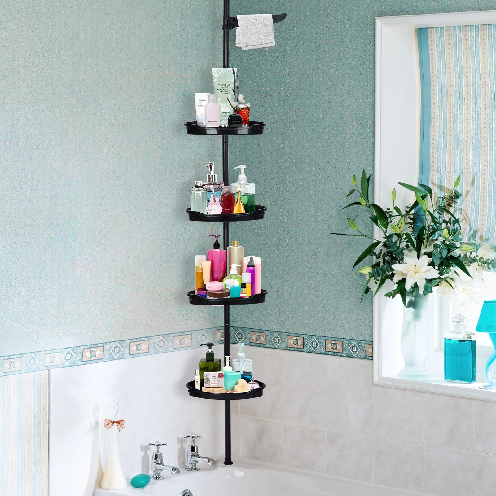 4-Layer Telescopic Corner Storage Rack – Adjustable Height Bathroom Shower Organizer