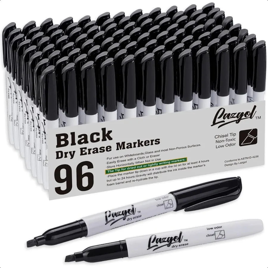 Dry Erase Markers Bulk Pack – 96 Black Chisel Tip Markers, Low-Odor Whiteboard Pens for School & Office