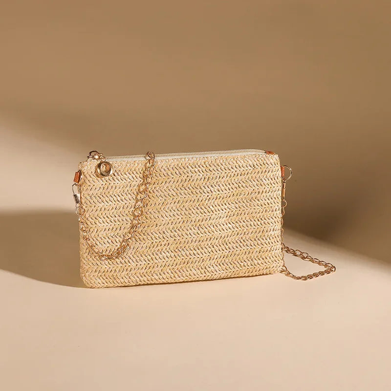 Straw Shoulder Chain Strap Crossbody Bag – Summer Casual Tote for Women