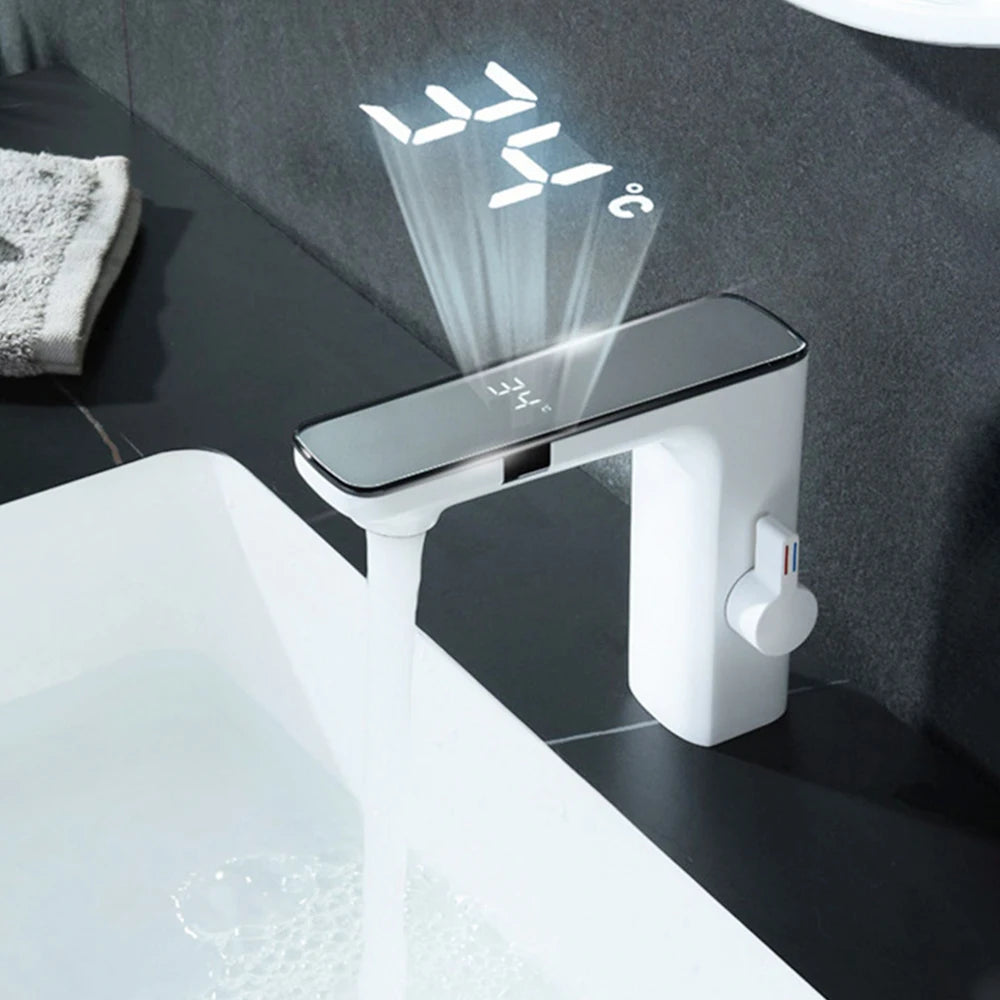Premium Smart Touchless Dual-Sensor Bathroom Faucet with Hot/Cold Mixer – White Deck-Mount Basin Tap