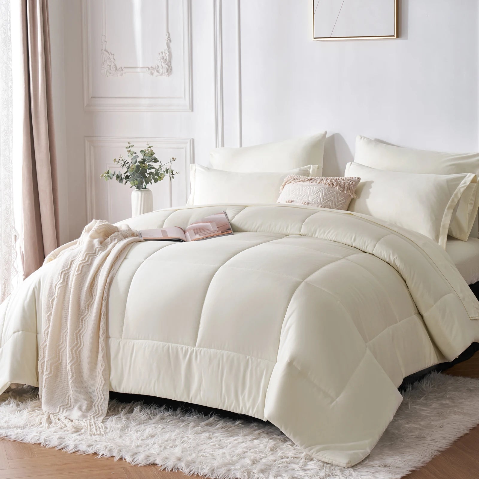 7-Piece “Bed-in-a-Bag” Comforter Set – Queen Size Solid Geometric Design Bedding Bundle (Sheets, Pillowcases & Comforter)