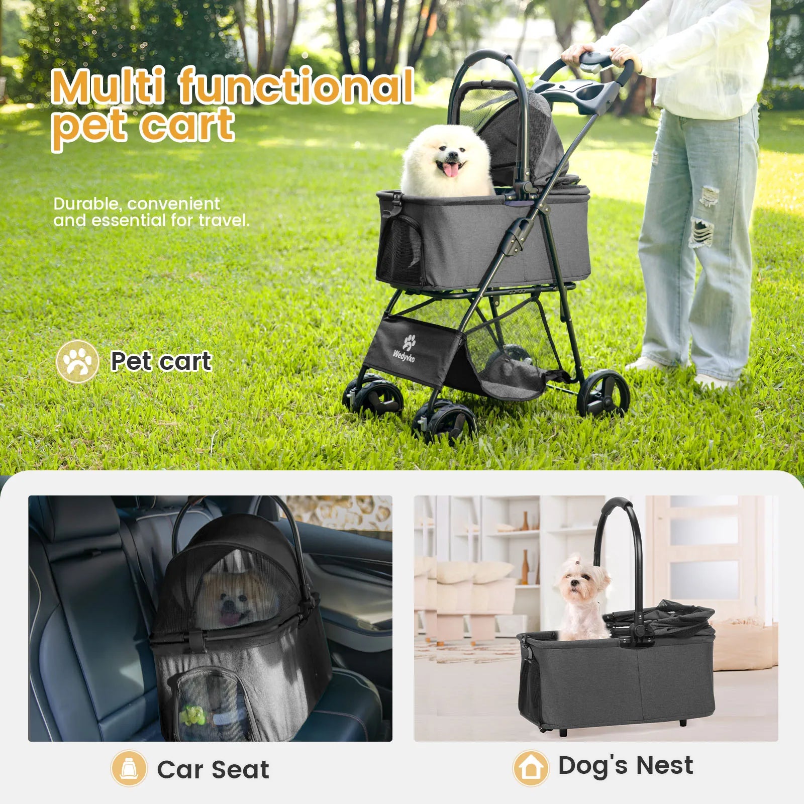 Wedyvko Luxury Detachable Pet Stroller & Rolling Carrier – Four-Wheeled Universal Dog Cart with Cup Holder and Travel Bag