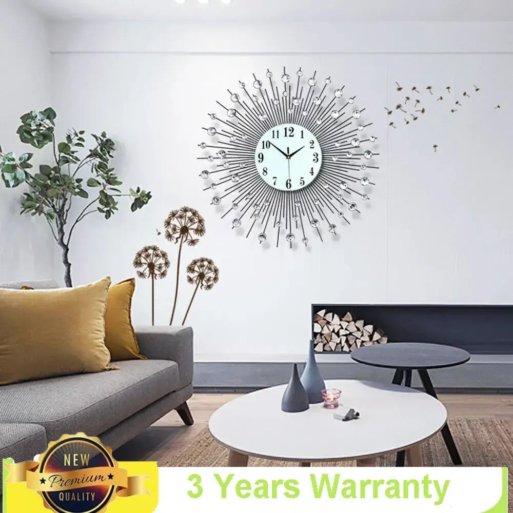 3D Large Metal Sunburst Wall Clock – Luxury Diamond Round Wall Art (60x60cm) | Modern Battery-Operated Home Décor Clock