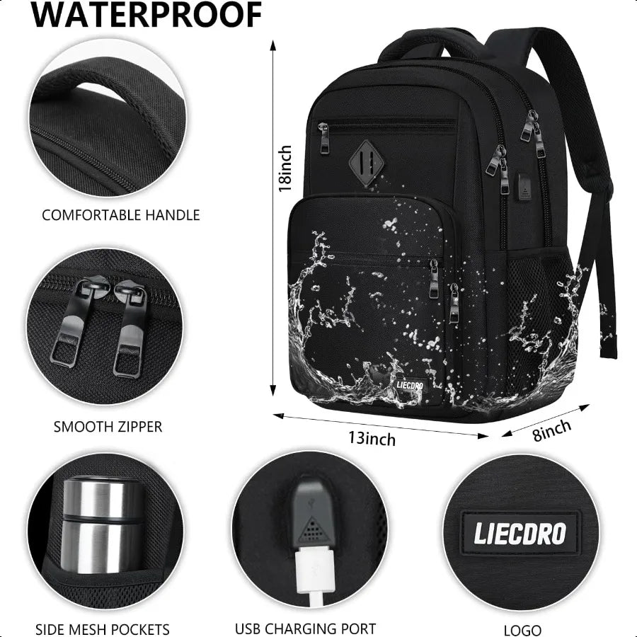 Black Backpack for Men & Boys – 15.6″ Laptop School Bag with USB Charging Port