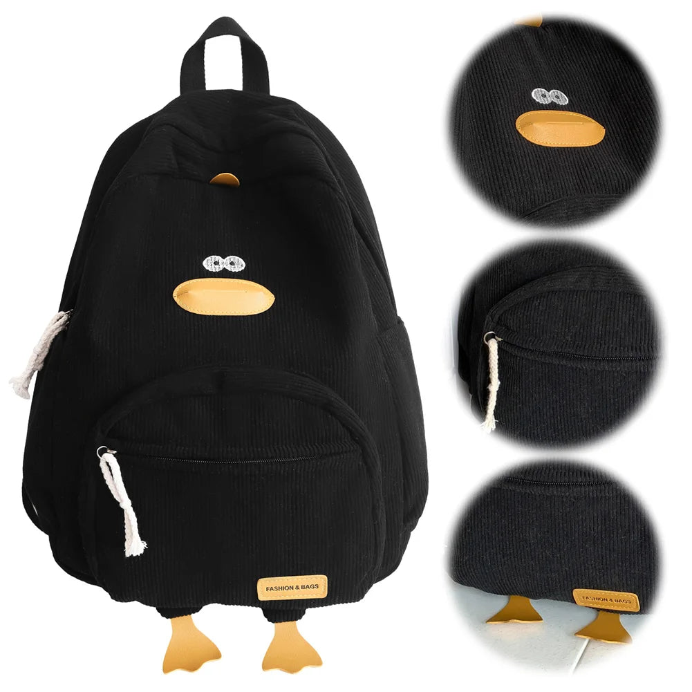 Corduroy Cartoon Duck Backpack for Kids – Large Capacity Cute School & Laptop Bag with Adjustable Straps