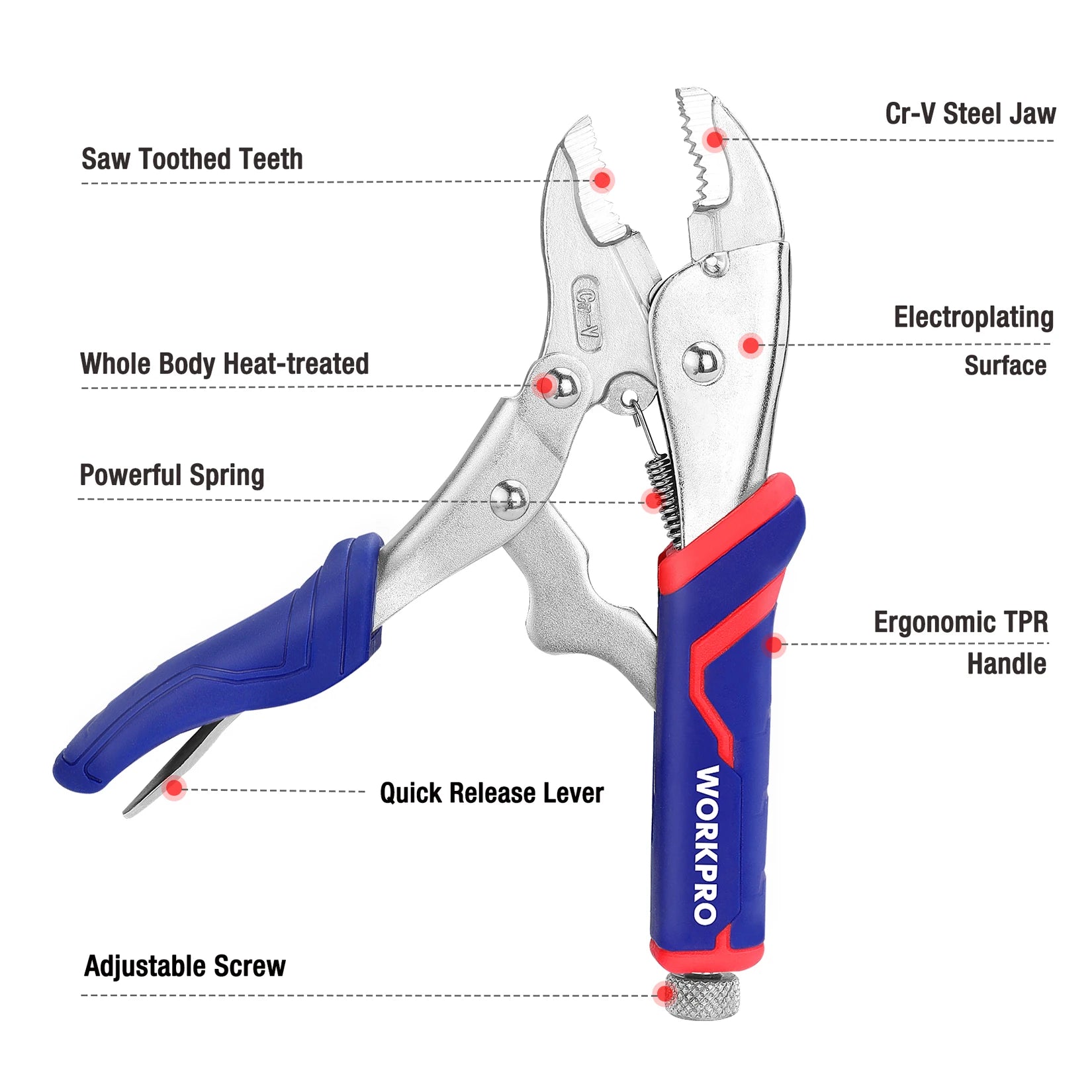 WORKPRO 2PCS Locking Pliers Set – CR-V Steel 7" Curved Jaw & 6.5" Long Nose Locking Pliers with Quick-Release Mechanism