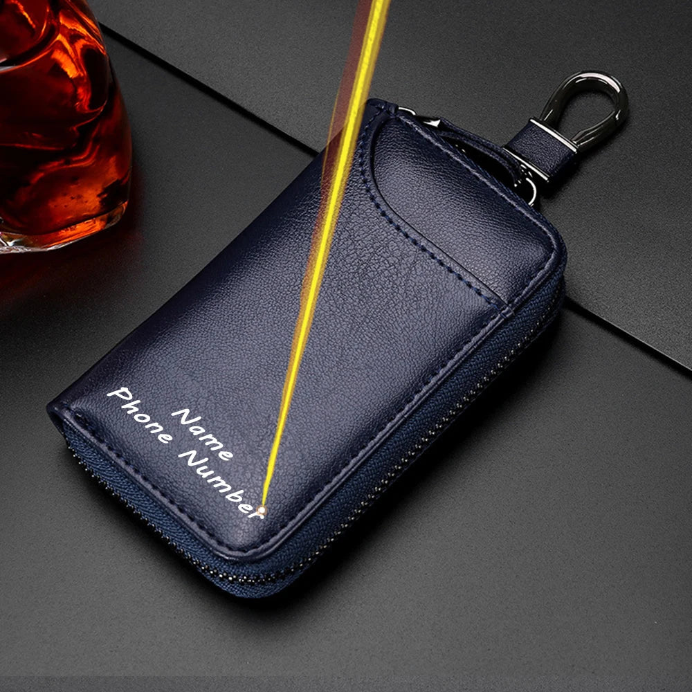 Personalized Leather Keychain Holder – Custom Name & Phone Number Car Key Case and Multifunction Pouch