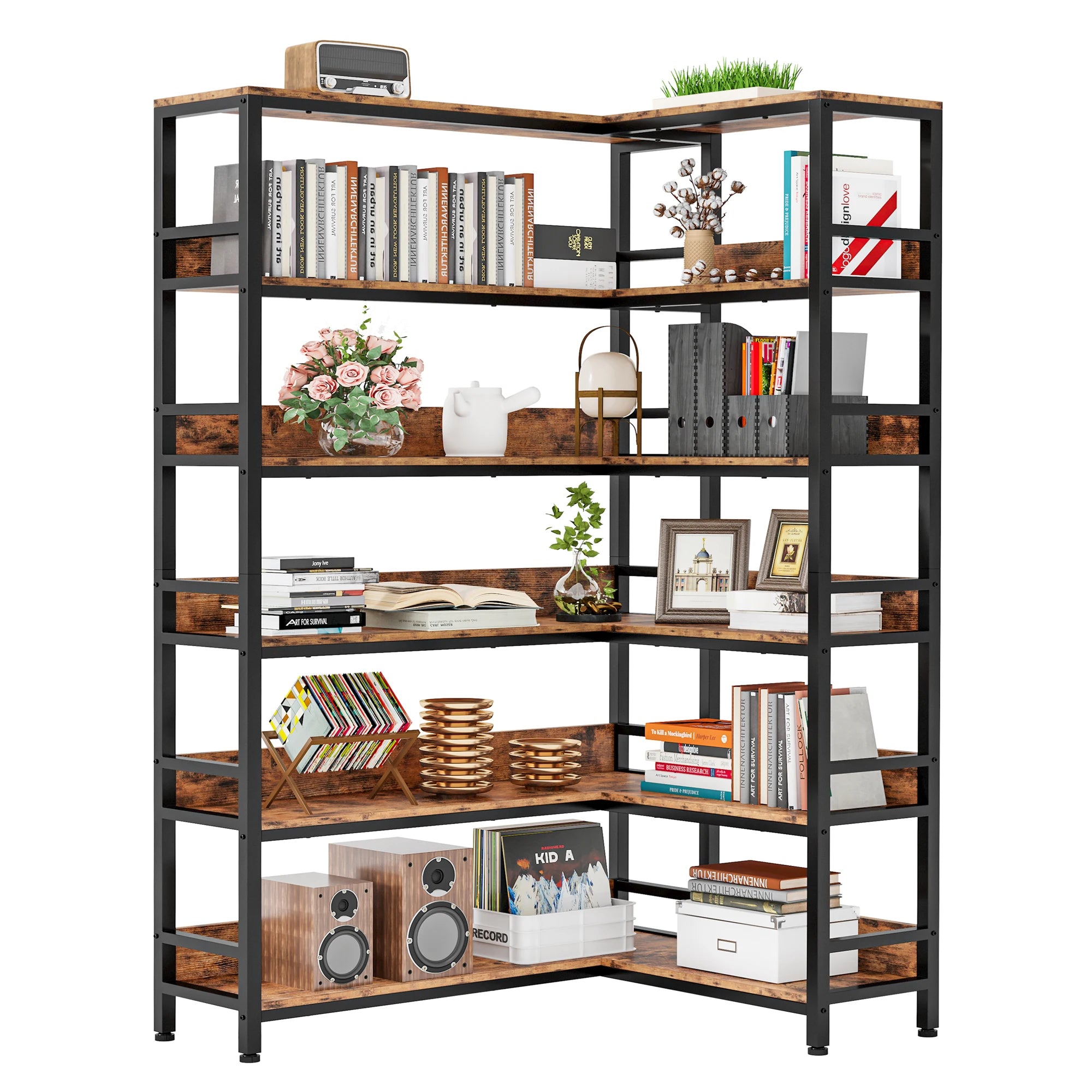 IRONCK Industrial 6-Tier Corner Bookshelf – Metal Frame Bookcases with Baffles & Storage Rack for Living Room