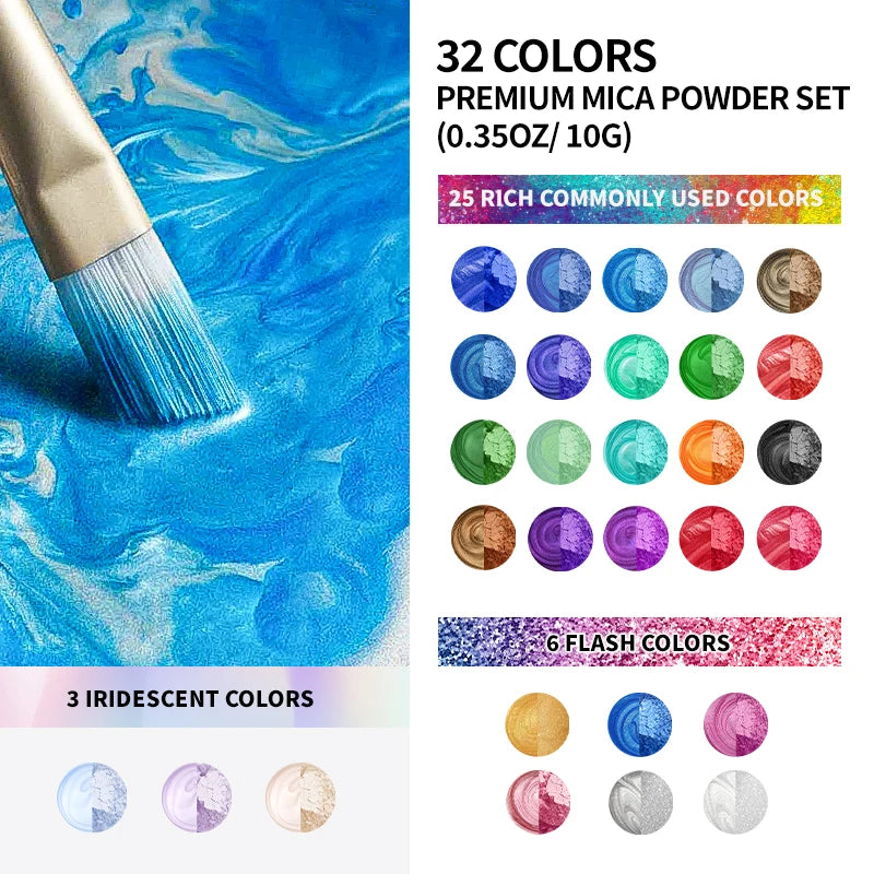 32-Color Mica Glitter Powder Set – Craft Supplies for Candle, Resin, Paint & DIY