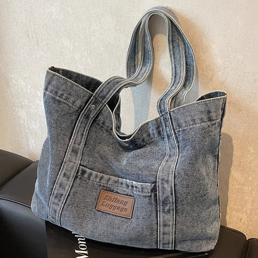 Women’s Denim Shoulder Bag – Large Capacity Stylish Tote for Work, Shopping & Travel 👜✨